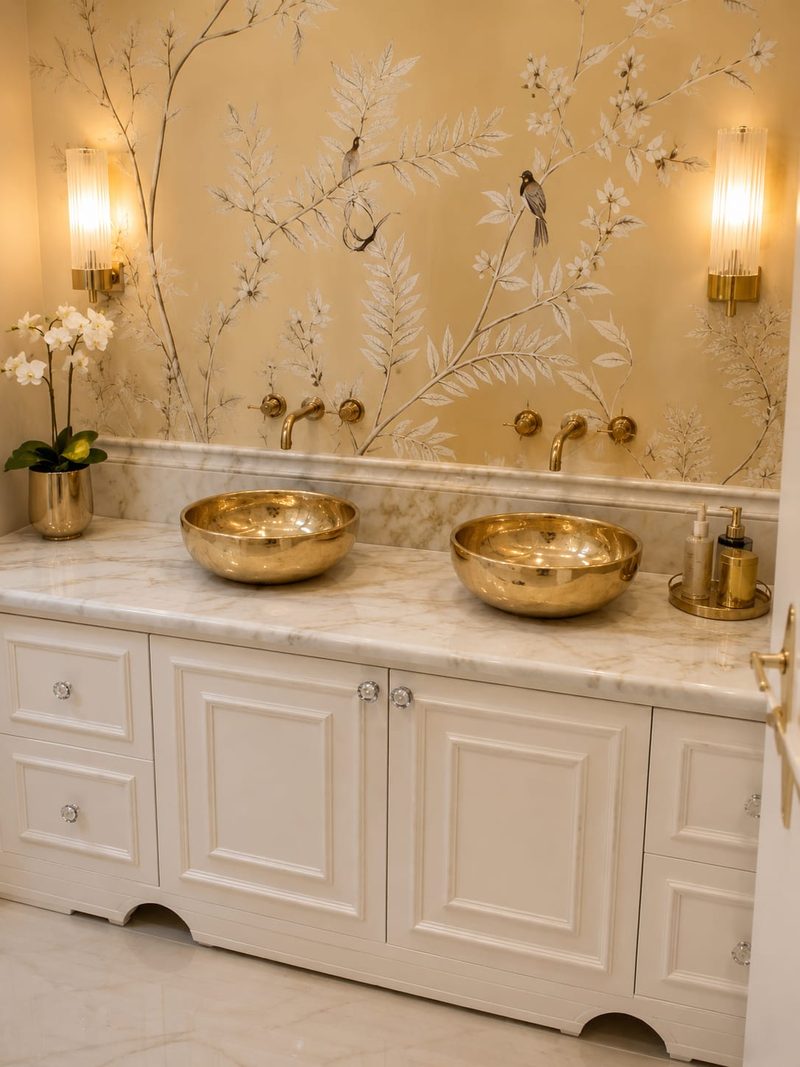 Washroom with twin gold vessel basins, a marble top and patterned wallpaper — Reef Al Ghadeer, Al Ain