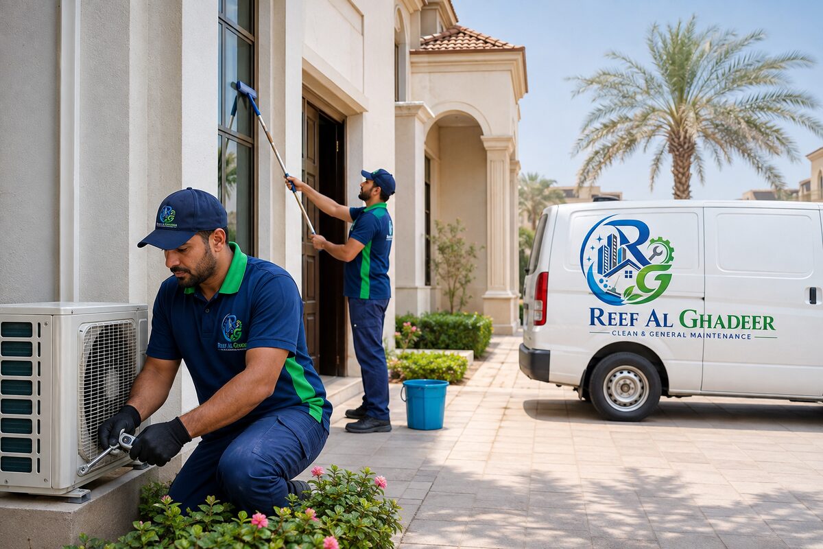 Reef Al Ghadeer technicians servicing an air conditioner and cleaning windows beside a branded company van at an Al Ain villa