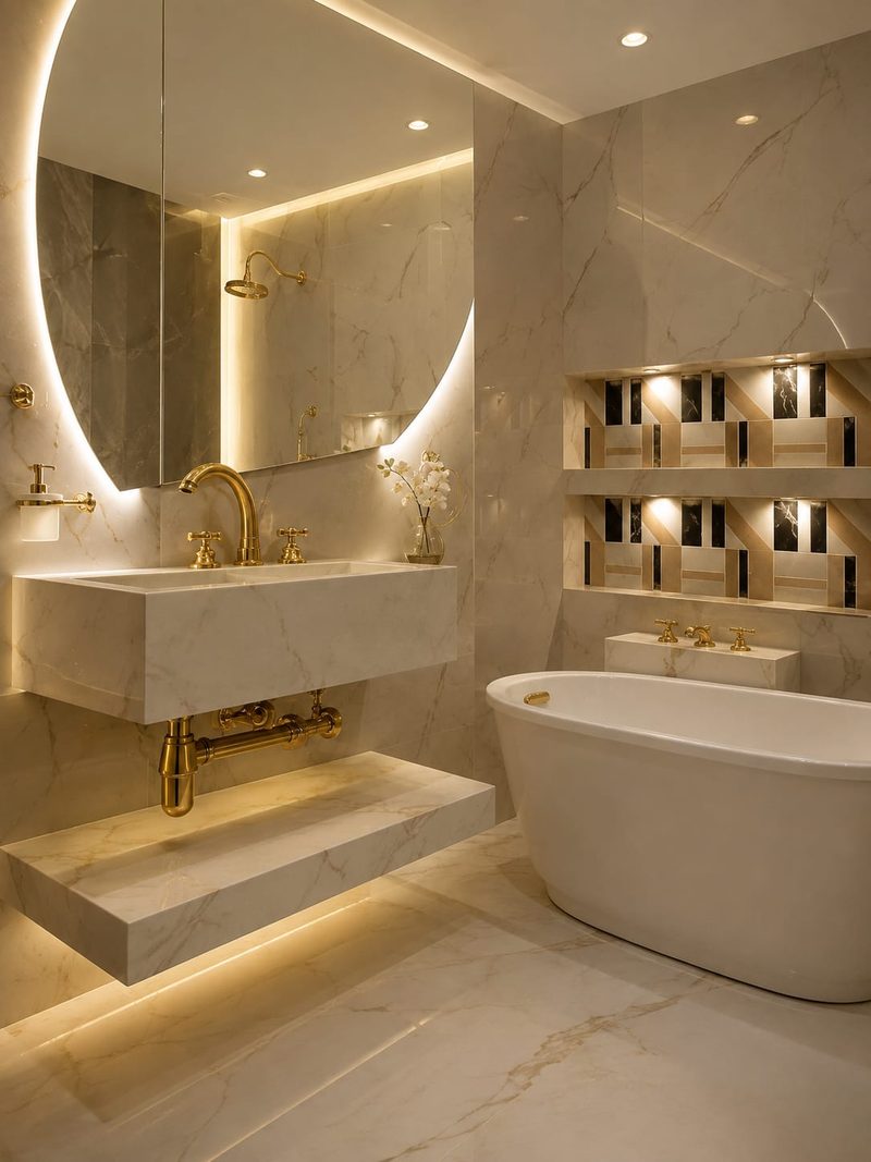 Marble bathroom with a backlit mirror, freestanding bath and stone vanity — Reef Al Ghadeer, Al Ain