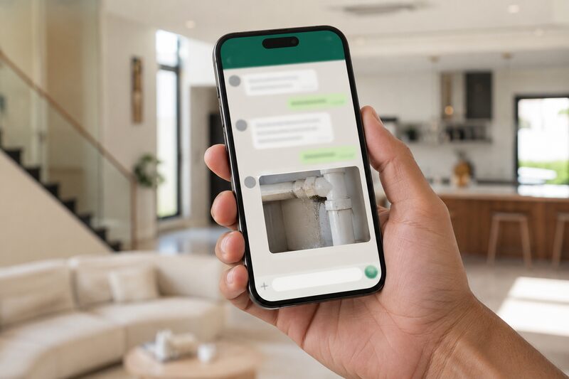 Customer sending Reef Al Ghadeer a WhatsApp photo of a leaking pipe from an Al Ain villa