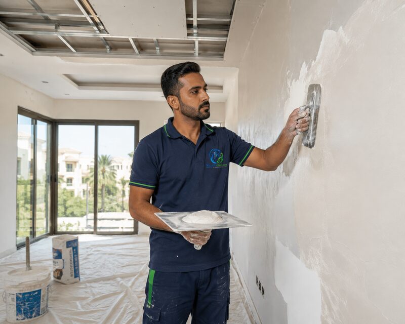 Reef Al Ghadeer technician in uniform skim-coating a wall during a villa renovation in Al Ain